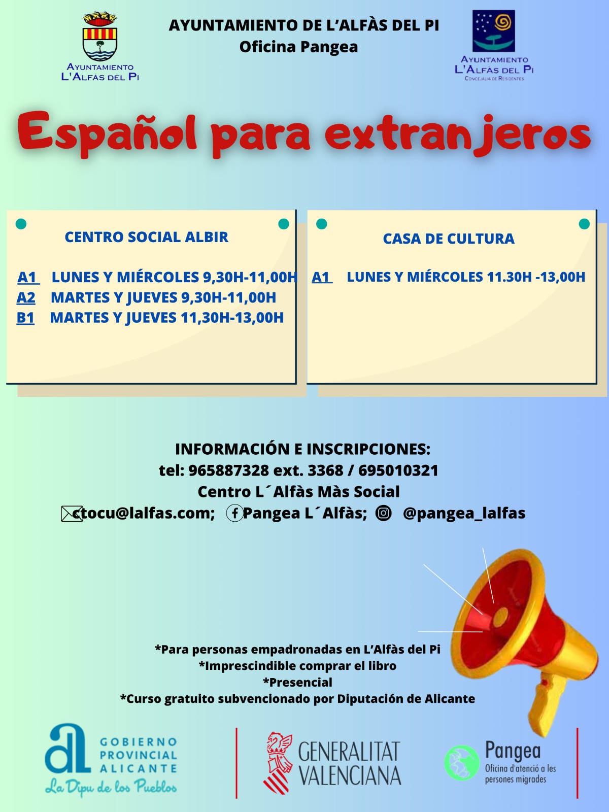 La oficina Pangea de l’Alfàs ofrece 5 cursos gratuitos de Español y 1 de zumba para residentes internacionales