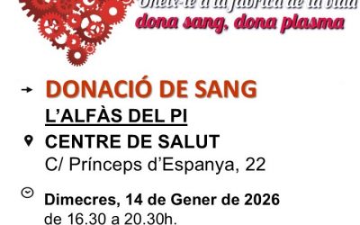 Recuerda que esta tarde puedes donar sangre en el Centro de Salud de l’Alfàs del Pi
