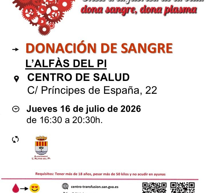 Nueva Campaña de captación de donantes de sangre y plasma mañana jueves en el Centro de Salud de l’Alfàs