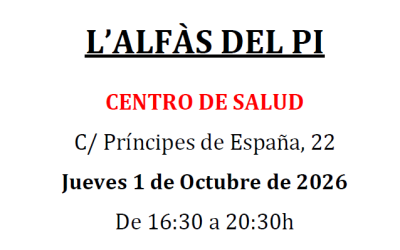 Campaña de captación de donantes de sangre y plasma mañana jueves en el Centro de Salud de l’Alfàs